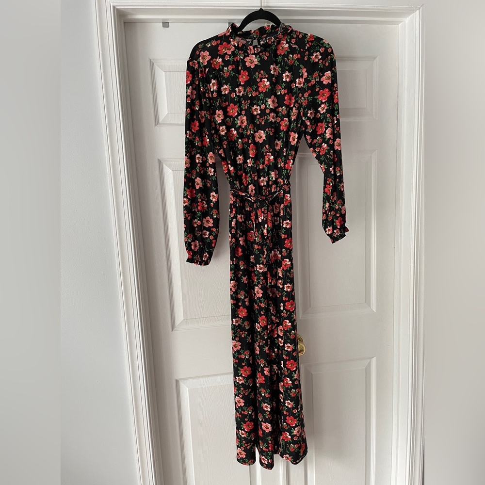 ASOS Floral Long Sleeve Dress in Black and Red
